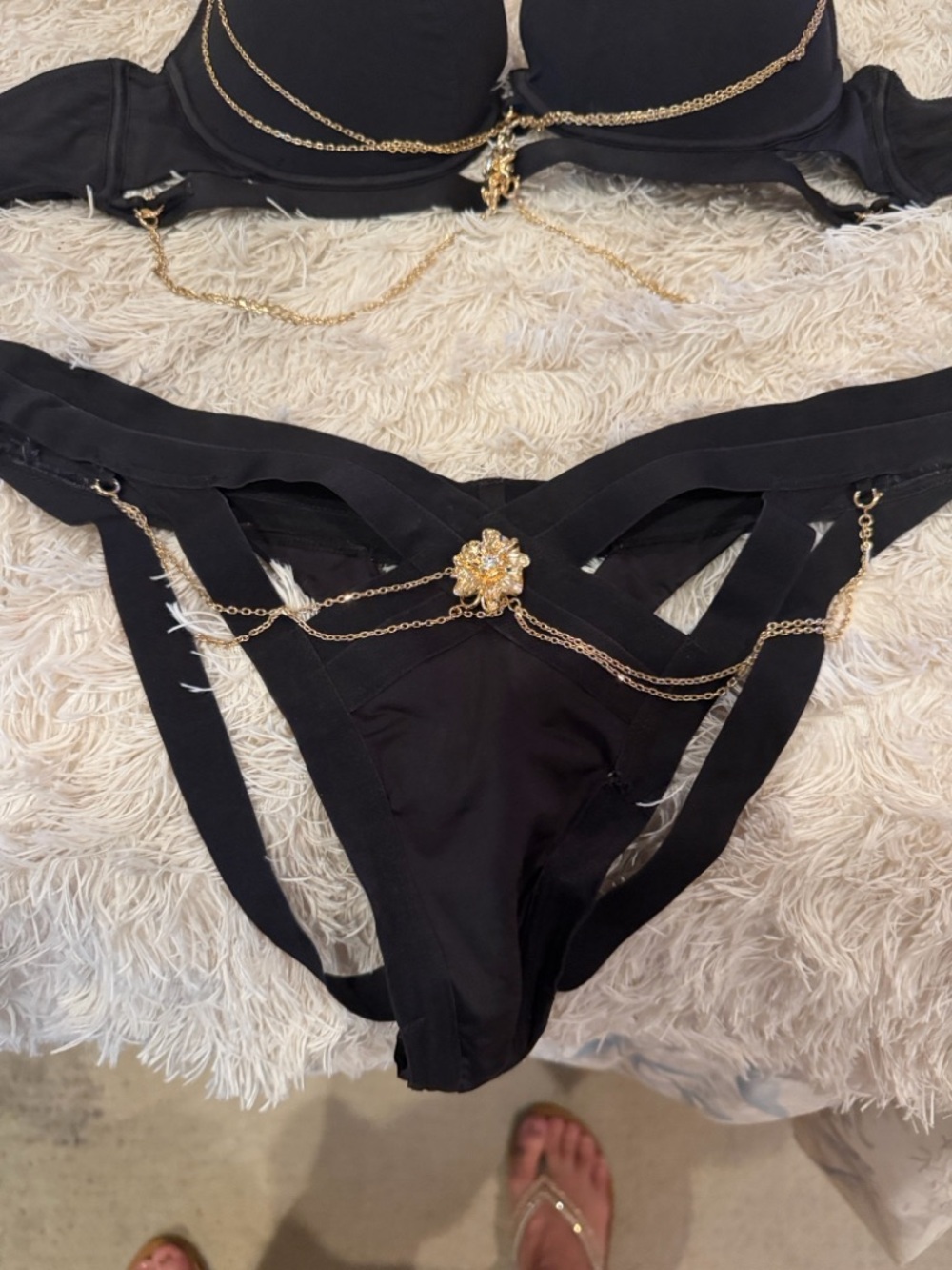 Honey Birdette 38D and XL thong. Black Lingerie Set with Gold Chain Accents - Picture 2 of 6
